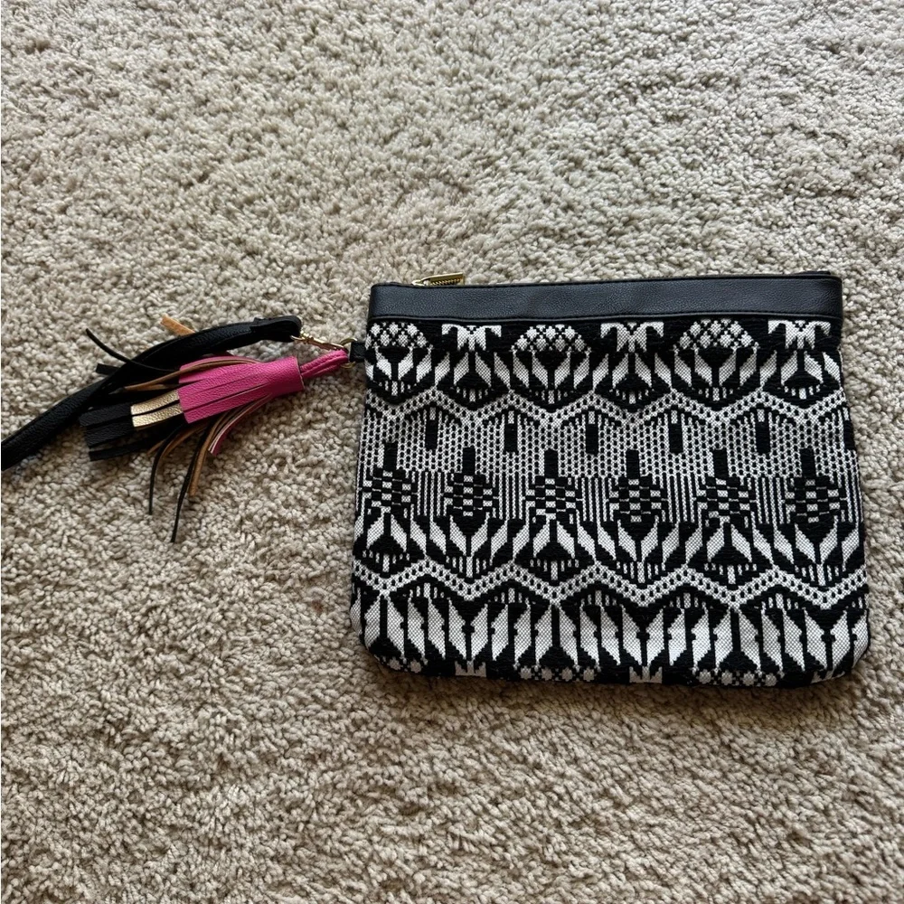 Black and White Patterned Clutch Purse with Pink Tassel Accent for Women EUC
